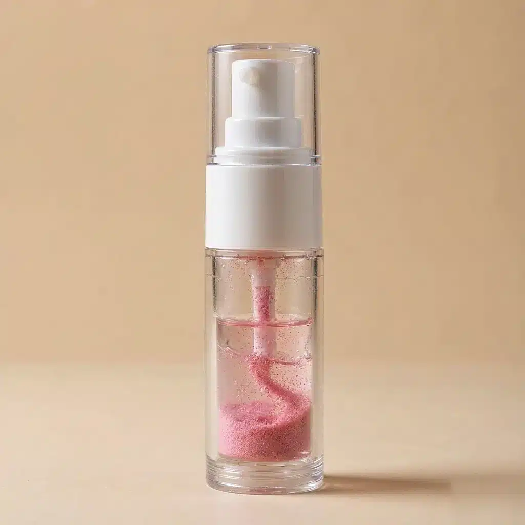 B12 powder releasing into rose PDRN essence on first press — dual chamber serum manufacturing
