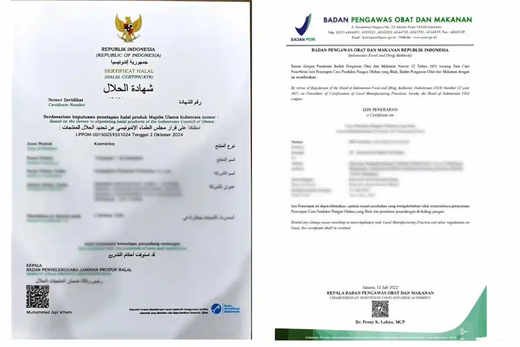 Certificate wall showing Tiara Beauty's cosmetics compliance credentials